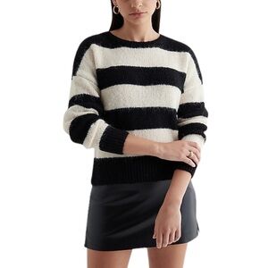 Express Striped Fuzzy Knit Crew Neck Sweater Wool Blend Black/Ivory Women’s M